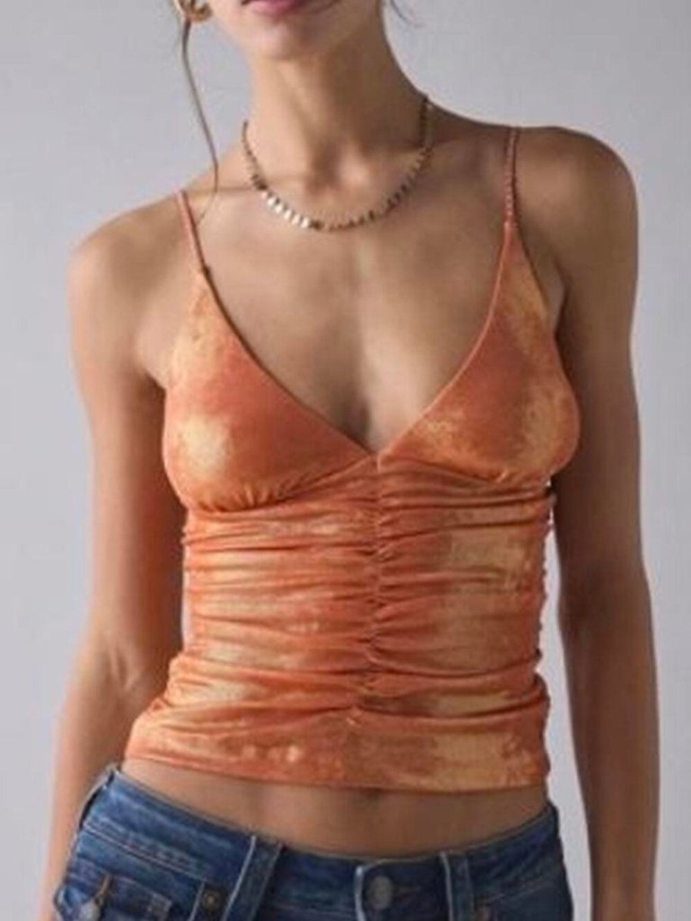 NWOT Urban Outfitters Helly Ruched Plunging Rhinestone Strap Tank Top - Peach
